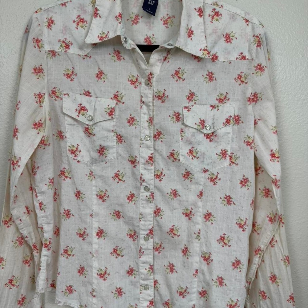 Gap Floral Western Pearl Snap Button Down Shirt Women Large Cream Cottagecore